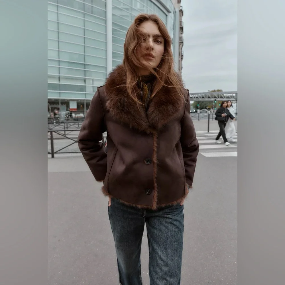 Zara Faux Fur Brown Reversible Jacket Coat